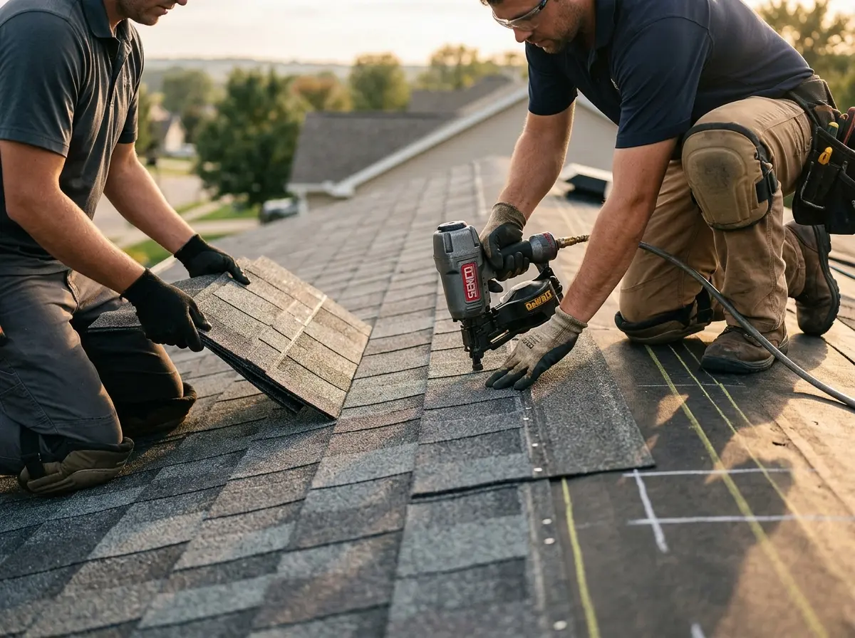 Professional roofer working on a residential roof in Rockville Centre